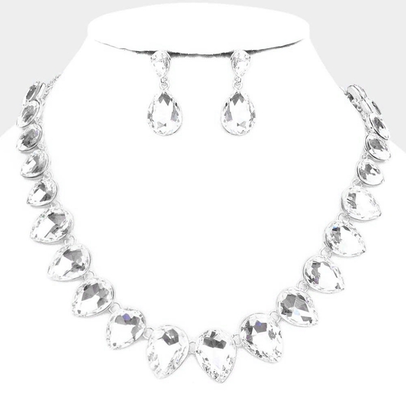 Silver Teardrop Crystal Necklace Set Fashion Statement Evening Jewelry Accessory - Picture 1 of 2